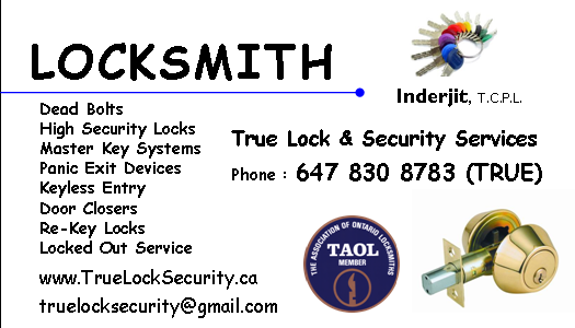 True Lock & Security Services | 72 Dolphin Song Crescent, Brampton, ON L6R 2A7, Canada | Phone: (647) 830-8783