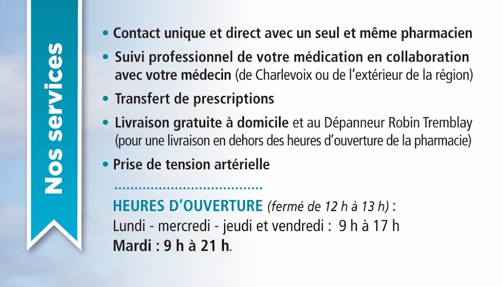 Familiprix Clinique - David Villeneuve | 2409 Route du Fleuve, Les Éboulements, QC G0A 2M0, Canada | Phone: (418) 635-1226