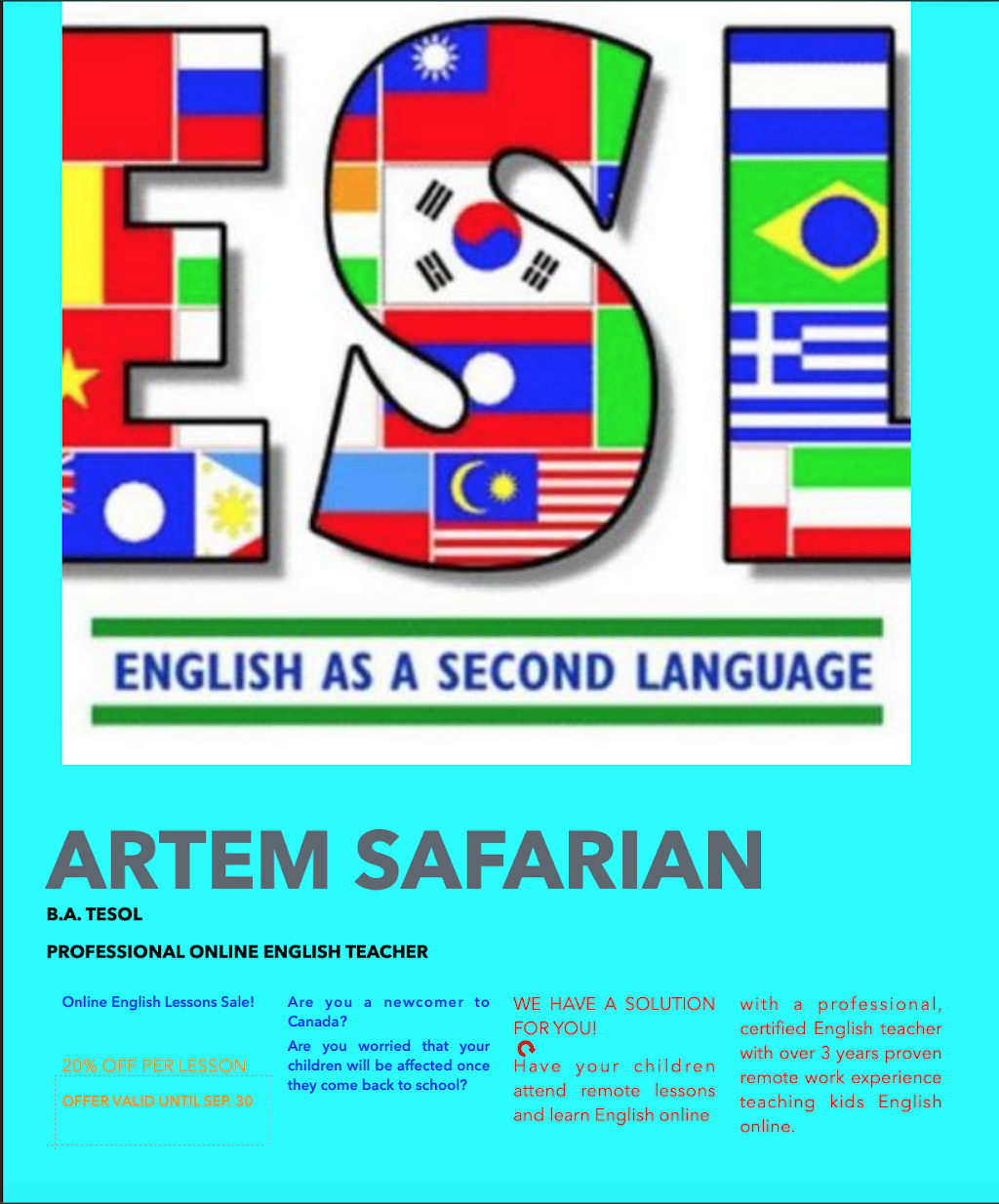 Artem Safarian, B.A TESOL | 36 Knapton Dr, Newmarket, ON L3X 3A9, Canada | Phone: (647) 705-4551