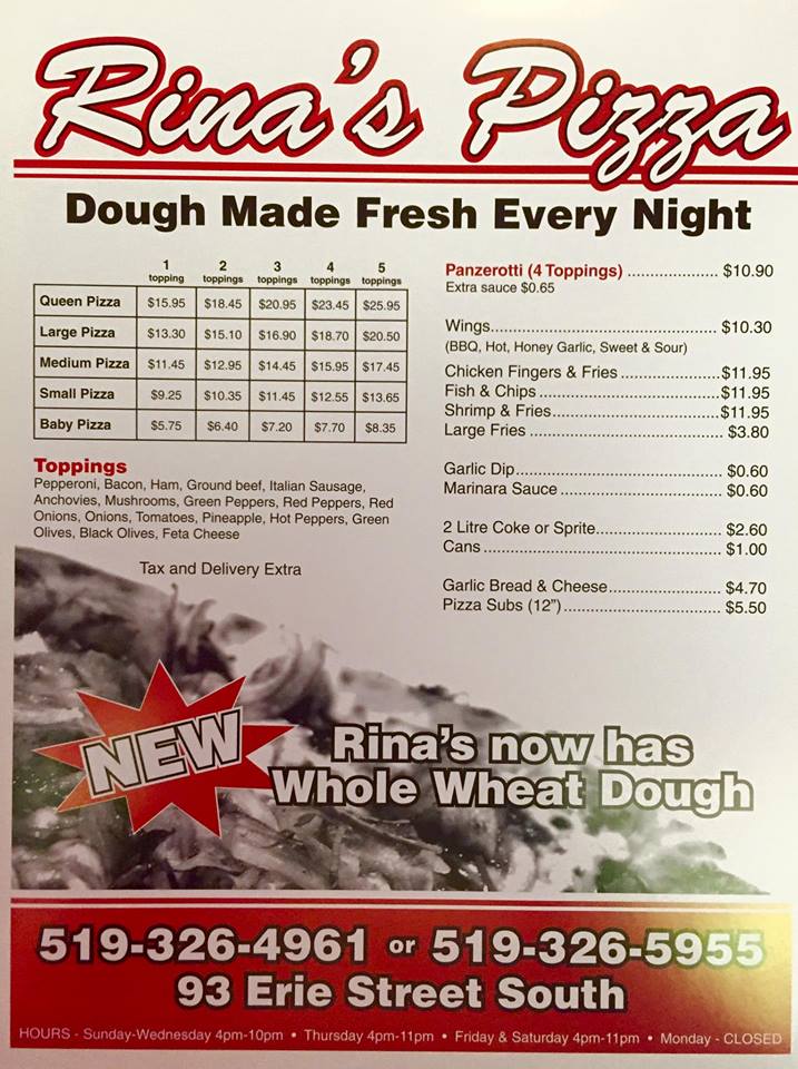 Rinas Pizza | 93 Erie St S, Leamington, ON N8H 3B4, Canada | Phone: (519) 326-4961