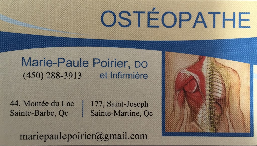 Ostéopathie Marie-Paule Poirier | 177 Rue Saint-Joseph bureau 102, Sainte-Martine, QC J0S 1V0, Canada | Phone: (450) 288-3913