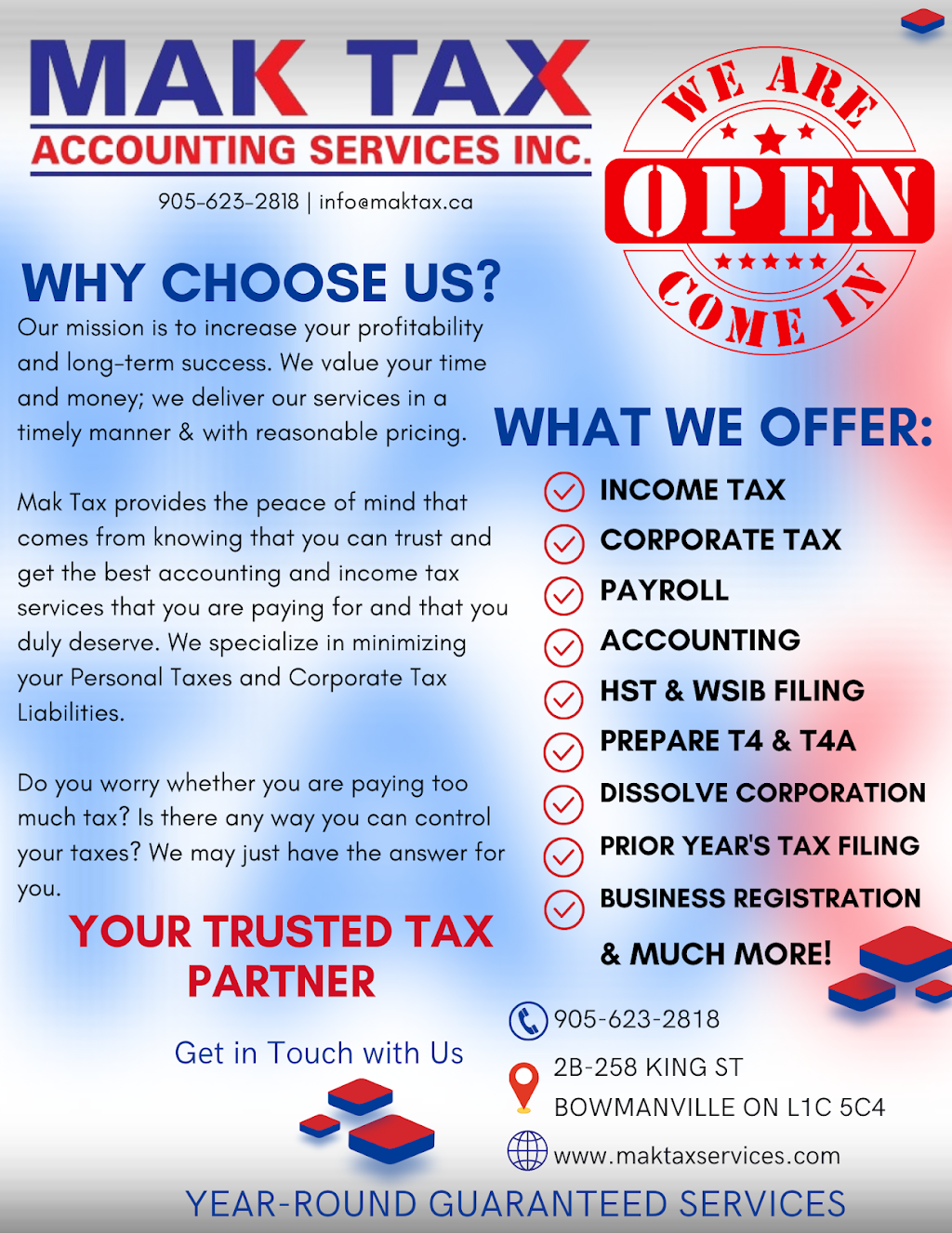 Mak Tax & Accounting Services Inc. | 258 King St E #2B, Bowmanville, ON L1C 5C4, Canada | Phone: (905) 623-2818