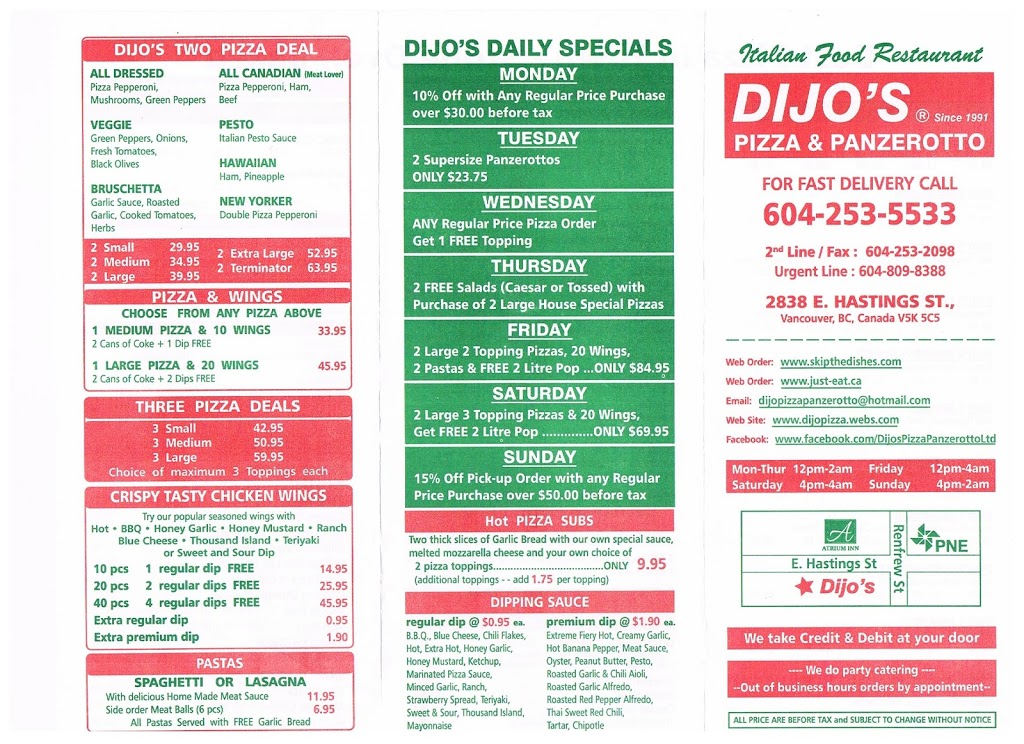 Dijos Pizza and Panzerotto | 2838 E Hastings St #116, Vancouver, BC V5K 5C5, Canada | Phone: (604) 253-5533