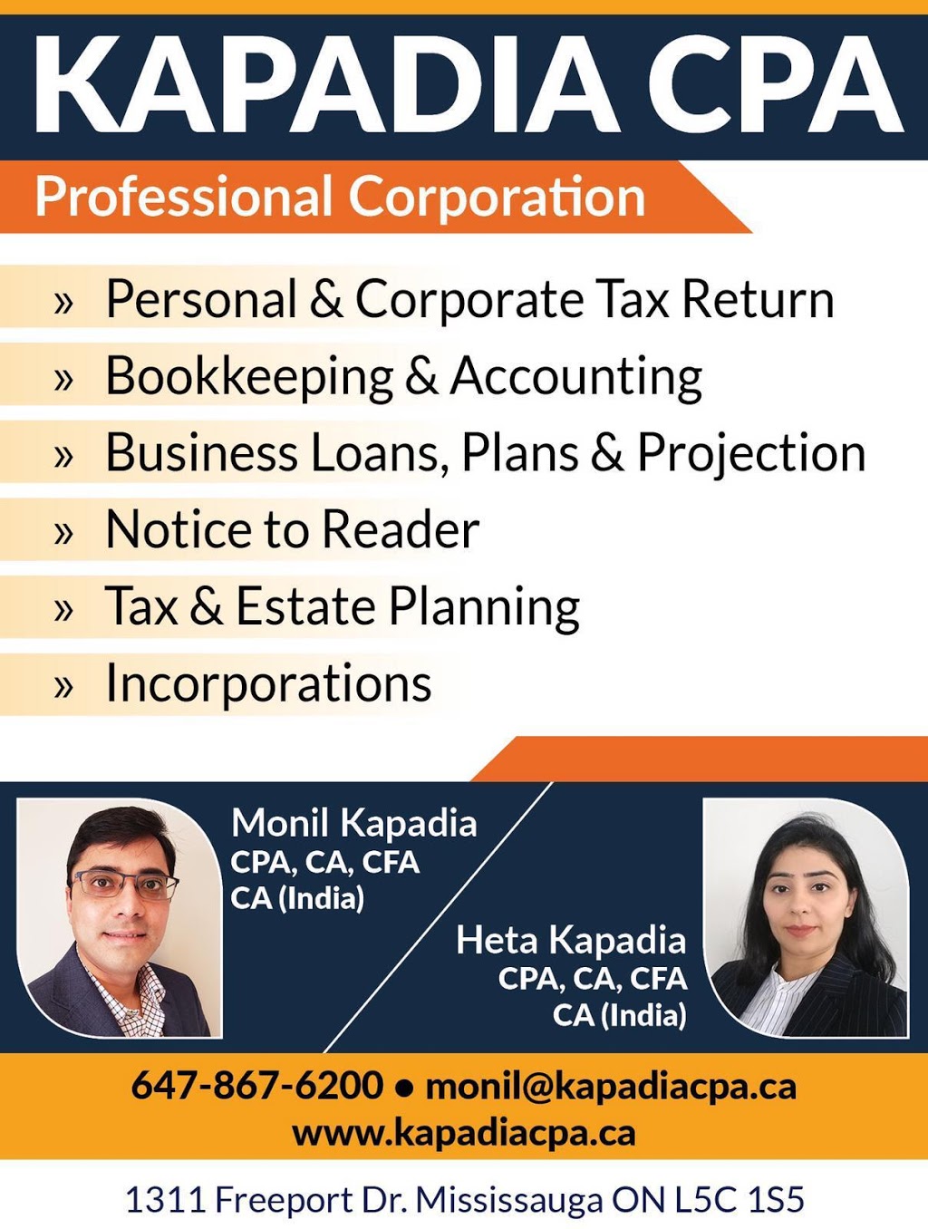 Tax Accountant in Mississauga - Monil Kapadia CPA, CA, CFA | 1311 Freeport Dr, Mississauga, ON L5C 1S5, Canada | Phone: (647) 867-6200