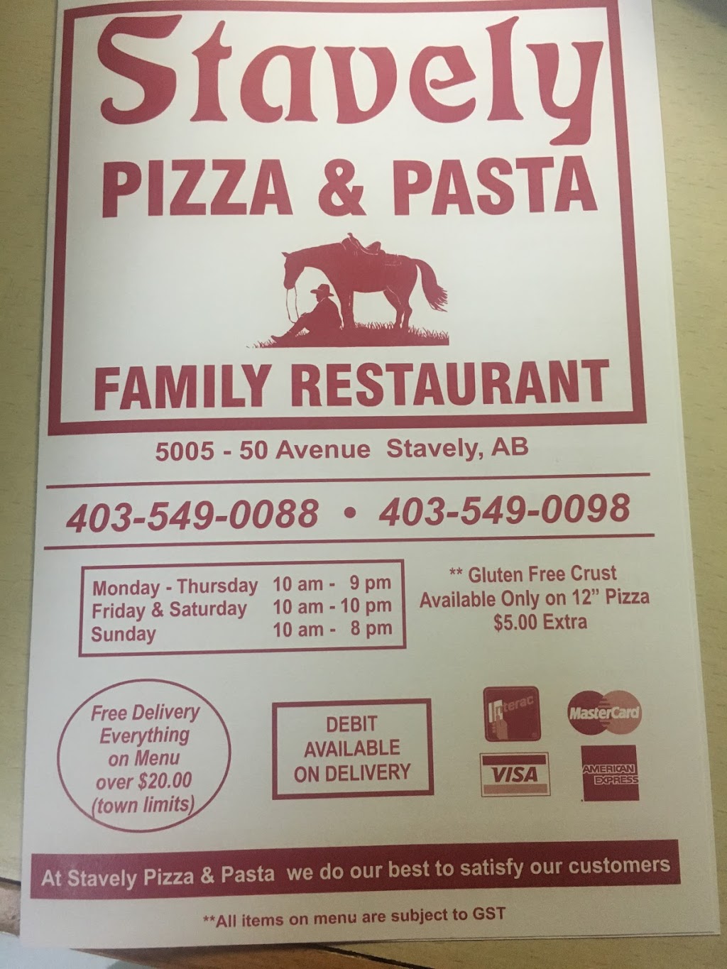 stavely’s pizza and pasta | 5005 50 Ave, Stavely, AB T0L 1Z0, Canada | Phone: (403) 549-0088