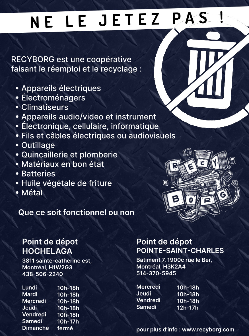 Recyclage Recyborg (Sud-Ouest) | 1900 Rue le Ber, Montréal, QC H3K 2A4, Canada | Phone: (514) 370-5945