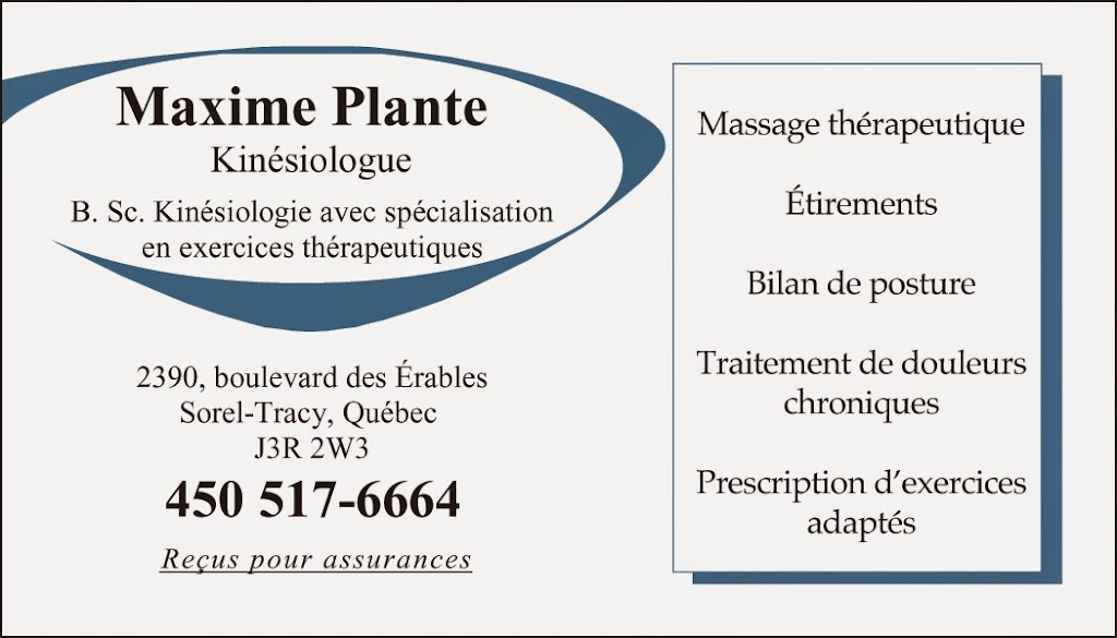 Maxime Plante Kinésiologue | 3000 Bd de Tracy, Sorel-Tracy, QC J3R 5B9, Canada | Phone: (450) 517-6664