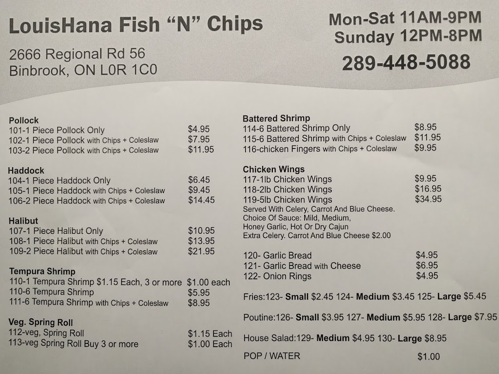 LouisHana Fish & Chips | 2666 Hamilton Regional Rd 56, Binbrook, ON L0R 1C0, Canada | Phone: (289) 448-5088