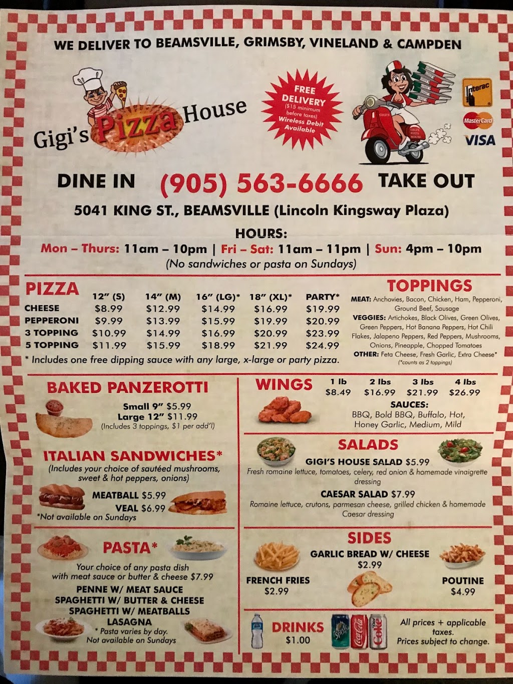 Gigis Pizza House | 5041 King St, Beamsville, ON L0R 1B0, Canada | Phone: (905) 563-6666