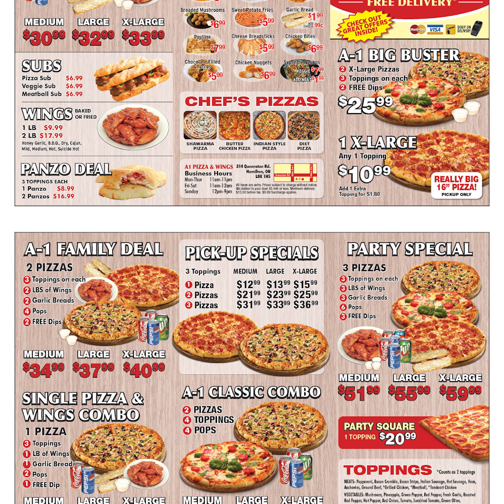 A1 Pizza & Wings | 314 Queenston Rd, Hamilton, ON L8K 1H5, Canada | Phone: (905) 312-8585