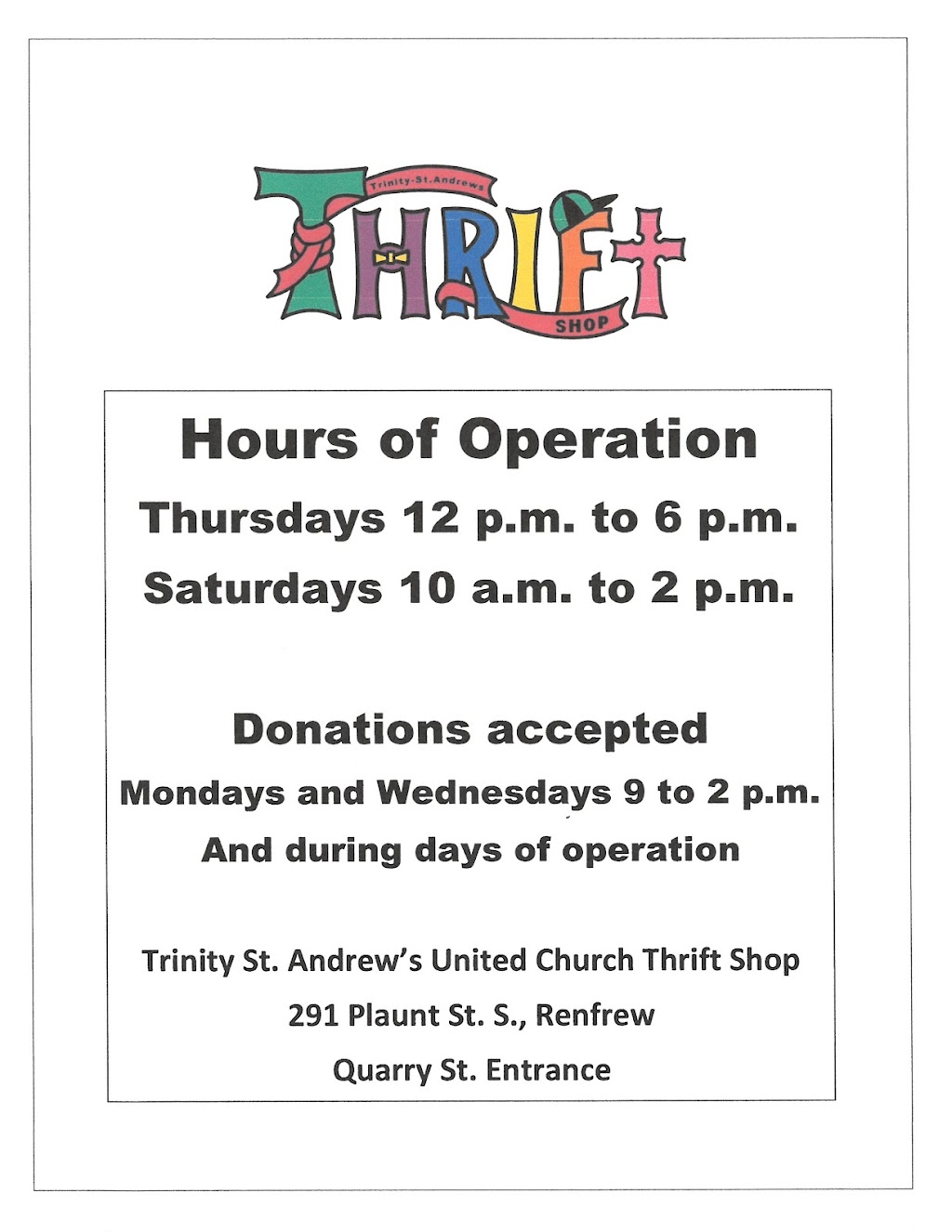 TSA Thrift Store | 291 Plaunt St S, Renfrew, ON K7V 1N2, Canada | Phone: (613) 432-2285