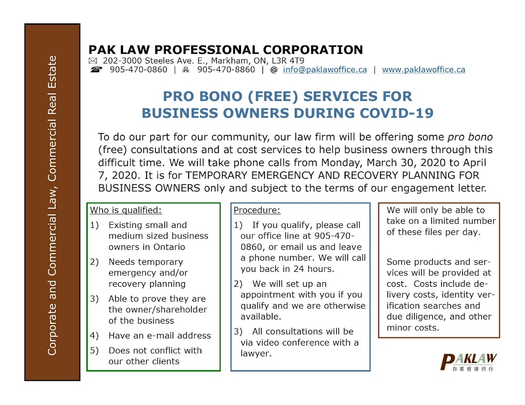 Pak Law Professional Corporation | 200 Cachet Woods Ct Suite 122, Markham, ON L6C 0Z8, Canada | Phone: (905) 470-0860