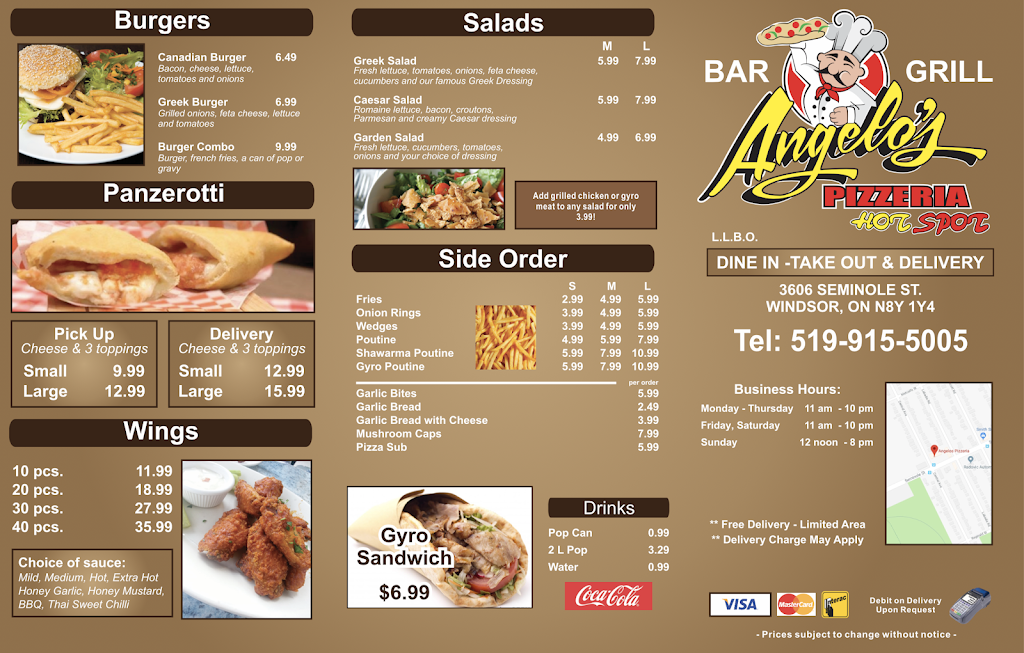 Angelos Pizzeria | 3606 Seminole St, Windsor, ON N8Y 1Y4, Canada | Phone: (519) 915-5005