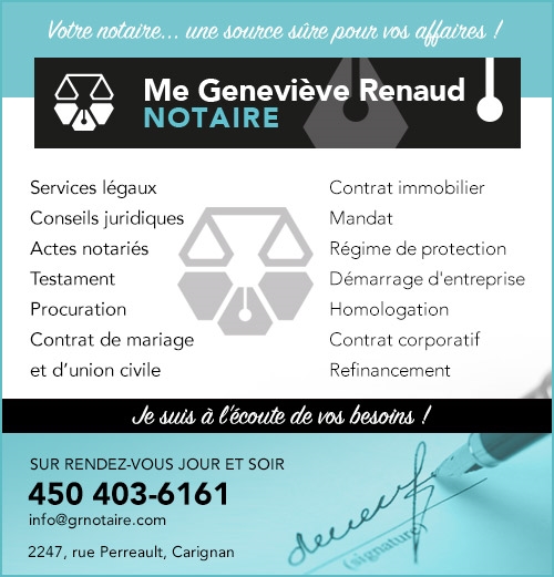 Geneviève Renaud notaire | 2247 Rue Perreault, Carignan, QC J3L 0K1, Canada | Phone: (450) 403-6161