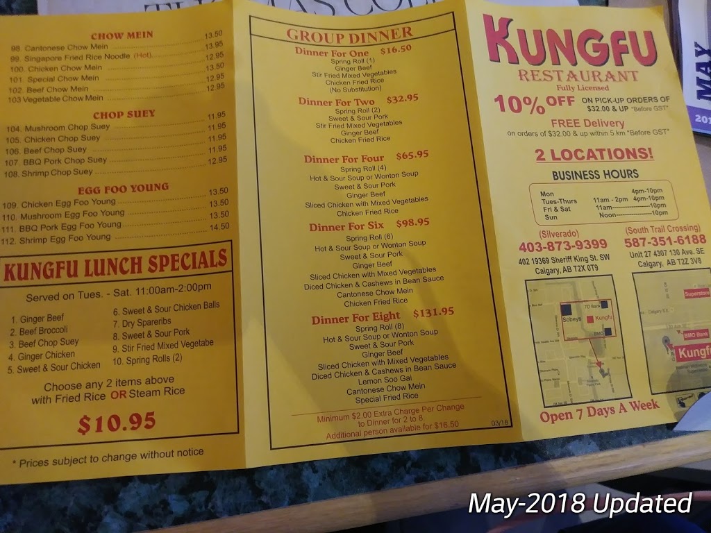 Kung Fu Restaurant | 19369 Sheriff King St S #402, Calgary, AB T2X 0T9, Canada | Phone: (403) 873-9399