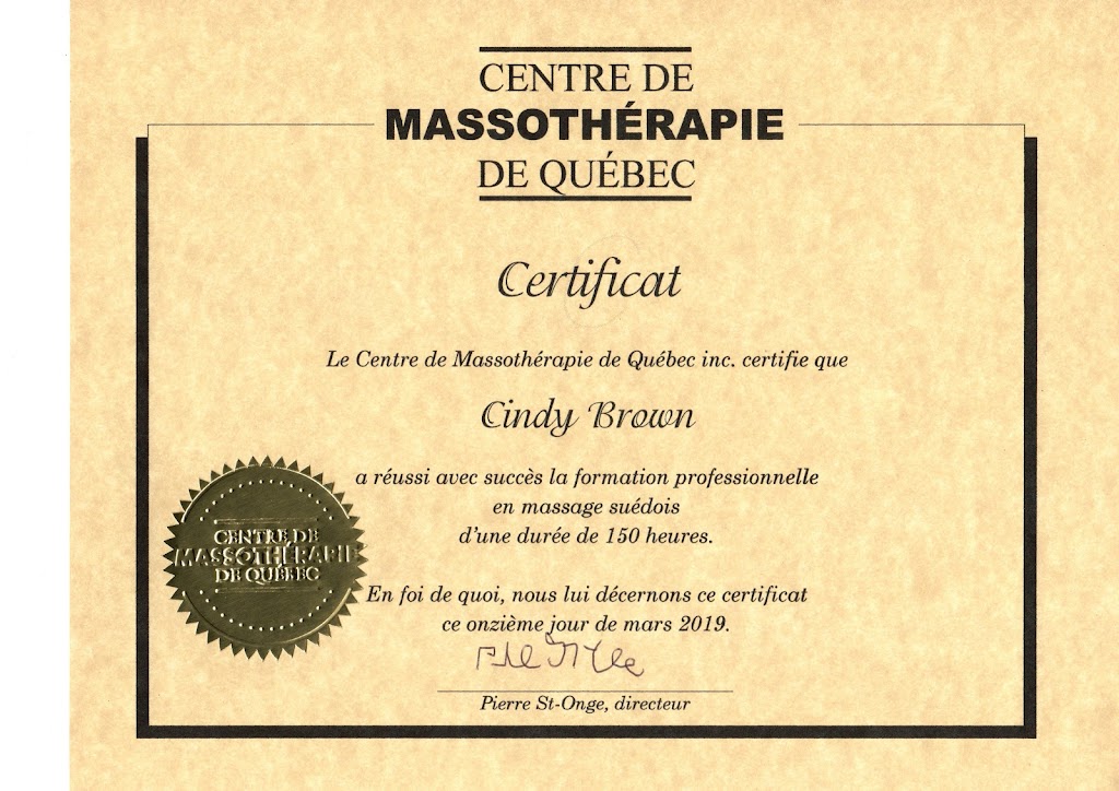 Massothérapie Cindy Brown | 25 Pl. des Châtelains, Sainte-Brigitte-de-Laval, QC G0A 3K0, Canada | Phone: (418) 951-3964