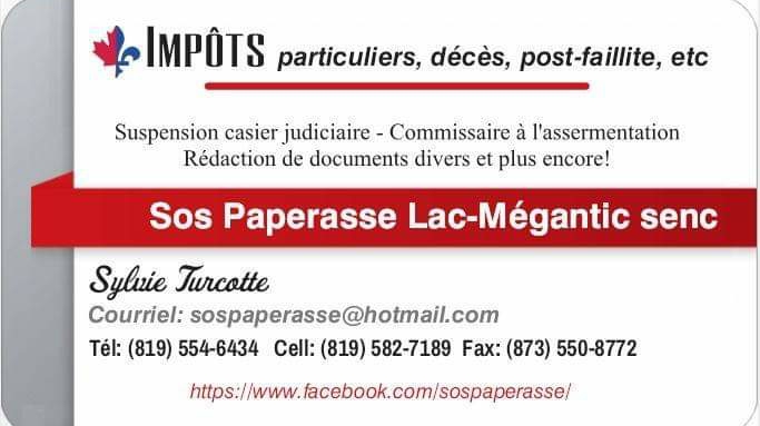 SOS PAPERASSE Lac-Mégantic senc | 4865 Rue Dollard, Lac-Mégantic, QC G6B 1G9, Canada | Phone: (819) 582-7189