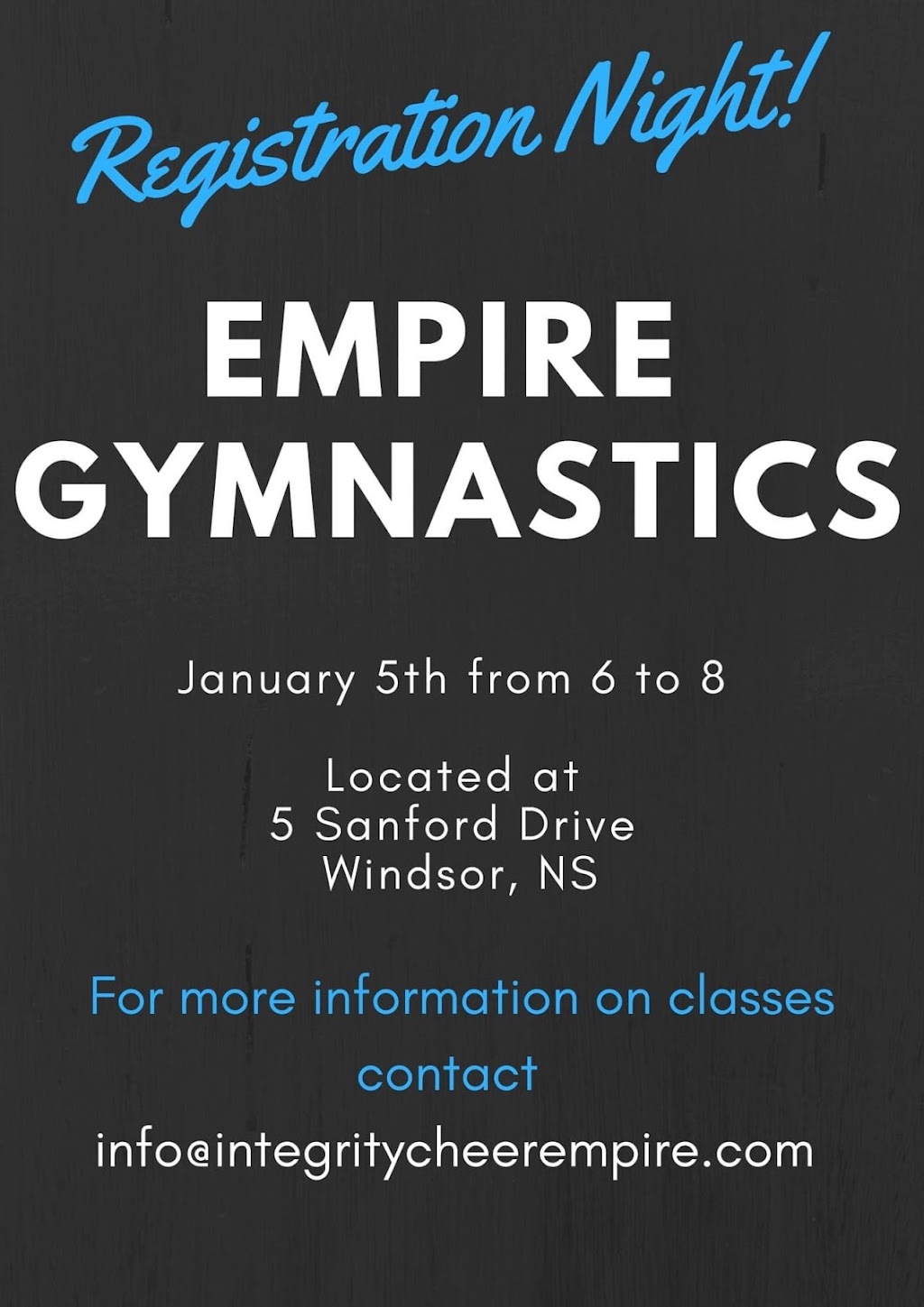 Integrity Cheer Empire & Gymnastics | and 440 Main Street Kentville, 5 Sanford Dr, Windsor, NS B0N 2T0, Canada | Phone: (902) 472-4337