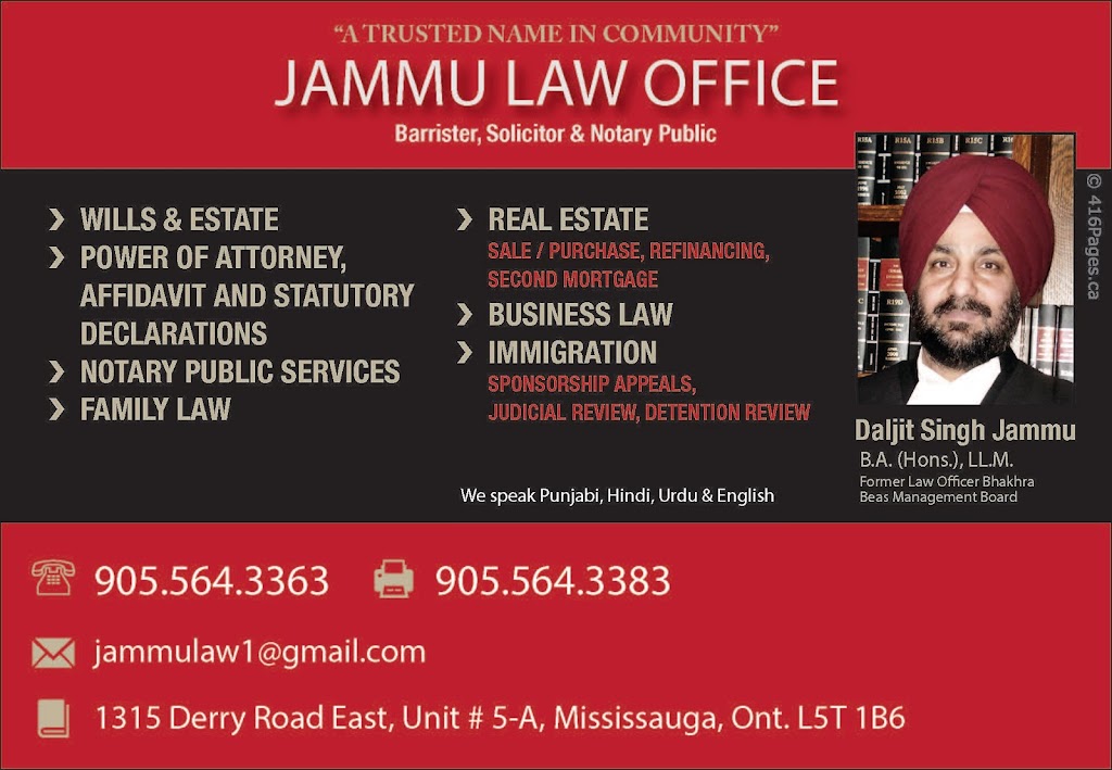 Jammu Law Office | 7895 Tranmere Dr Unit #204, Mississauga, ON L5S 1V9, Canada | Phone: (905) 564-3363