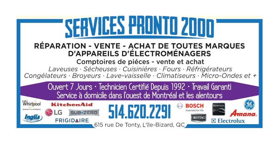 Réparation dÉlectroménagers West-Island Pronto Service 2000 inc | 615 Place de Tonty, LÎle-Bizard, QC H9C, Canada | Phone: (514) 620-2291