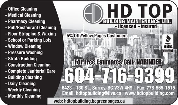 HD Top Building Maintenance, Janitorial and Cleaning Services | 6423 130 St, Surrey, BC V3W 4H9, Canada | Phone: (778) 564-4040