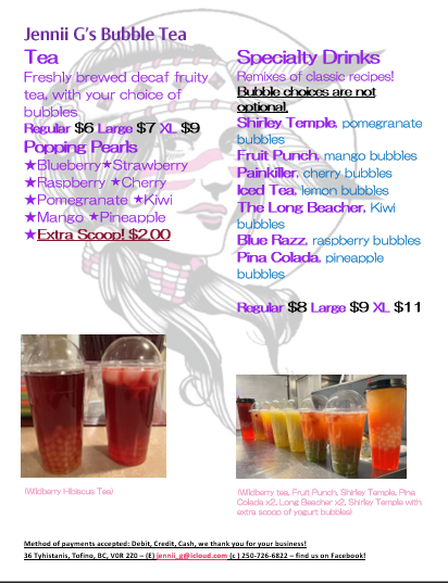 Jennii G’s Bubble Tea | 5104 River Rd, Port Alberni, BC V0R 2Z0, Canada | Phone: (250) 726-6822