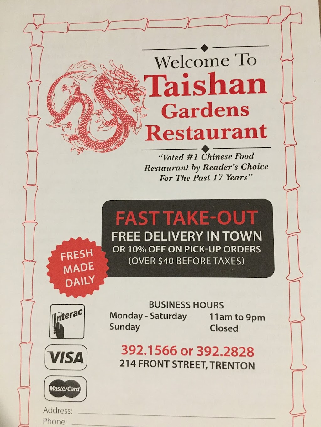 Taishan Gardens Restaurant | 214 Front St, Trenton, ON K8V 4N9, Canada | Phone: (613) 392-1566