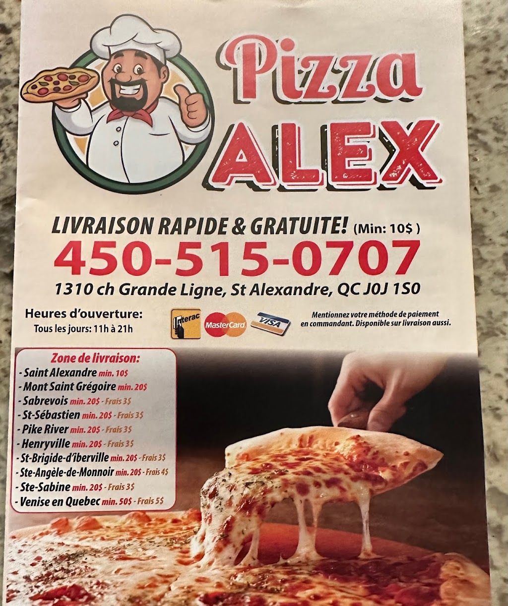 Pizza Alex | 1310 Chemin de la Grande Ligne E, Le Haut-Richelieu, QC J0J 1S0, Canada | Phone: (450) 515-0707