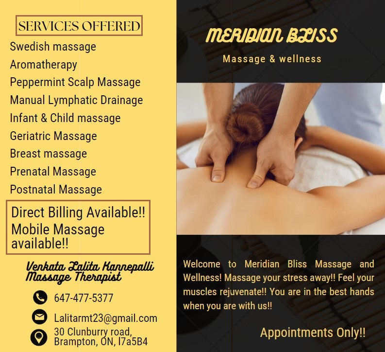 Meridian Bliss massage therapy and wellness | 30 Clunburry Rd, Brampton, ON L7A 5B4, Canada | Phone: (647) 477-5377