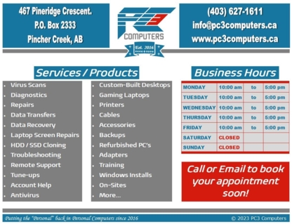 PC3 Computers | 467 Pineridge Crescent, Pincher Creek, AB T0K 1W0, Canada | Phone: (403) 627-1611