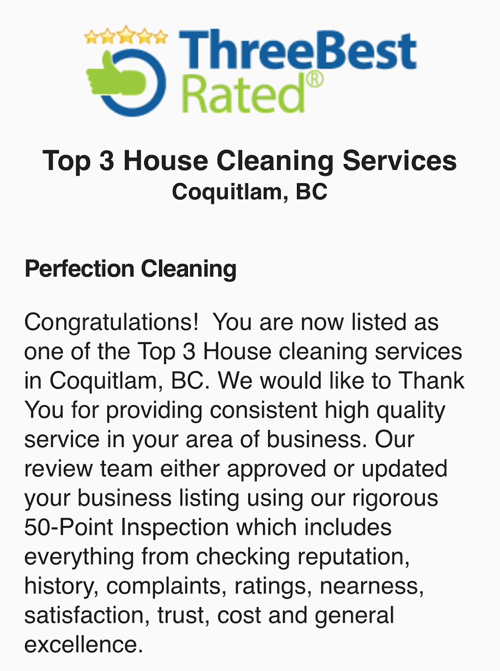 Perfection Cleaning | 1120 Austin Ave #205, Coquitlam, BC V3K 3P5, Canada | Phone: (778) 945-8600