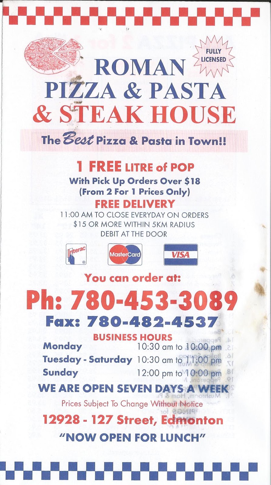 Roman Pizza & Steakhouse | 12928 127 St NW, Edmonton, AB T5L 1A9, Canada | Phone: (780) 453-3089