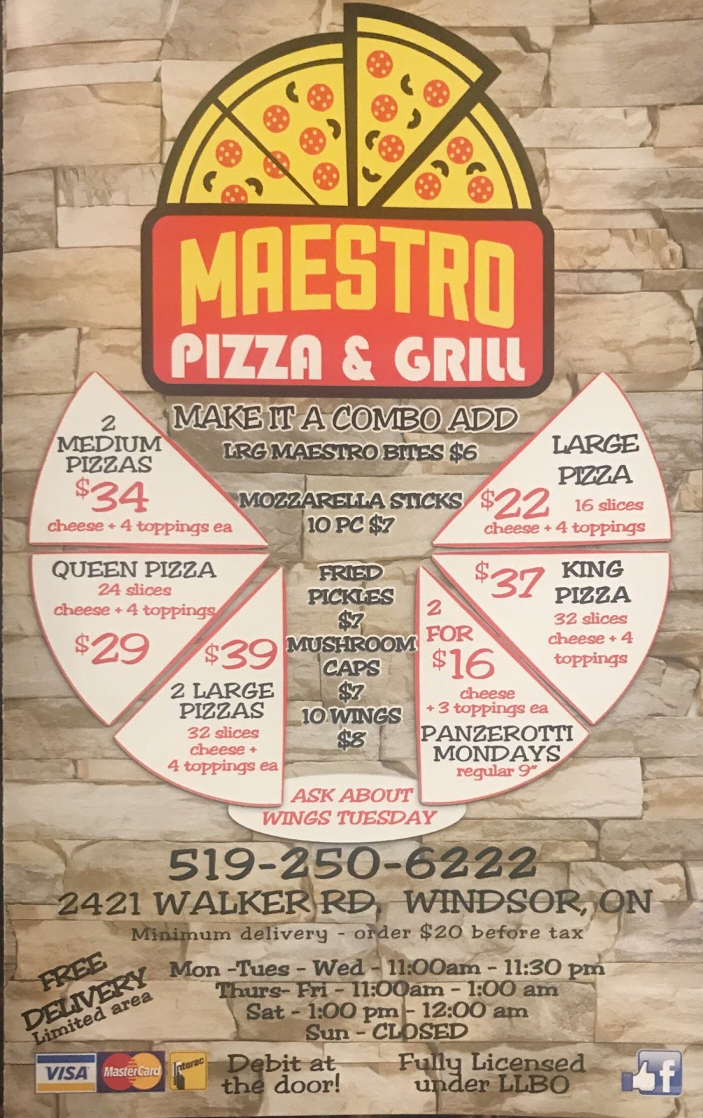 Maestro Pizza and Grill | 2421 Walker Rd, Windsor, ON N8W 3P8, Canada | Phone: (519) 250-6222