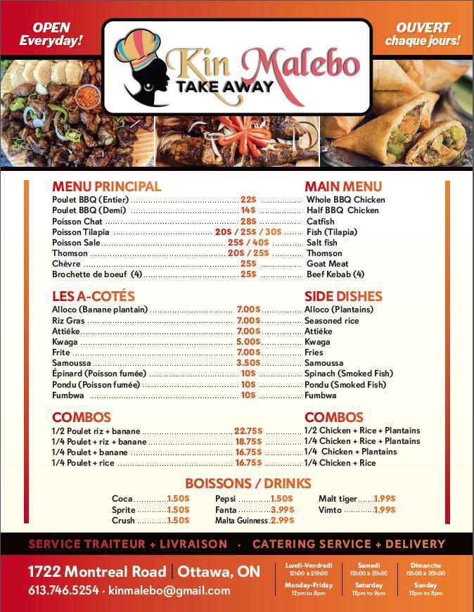 Kin Malebo Take Away | 1722 Montréal Rd, Gloucester, ON K1J 1J4, Canada | Phone: (438) 227-7424