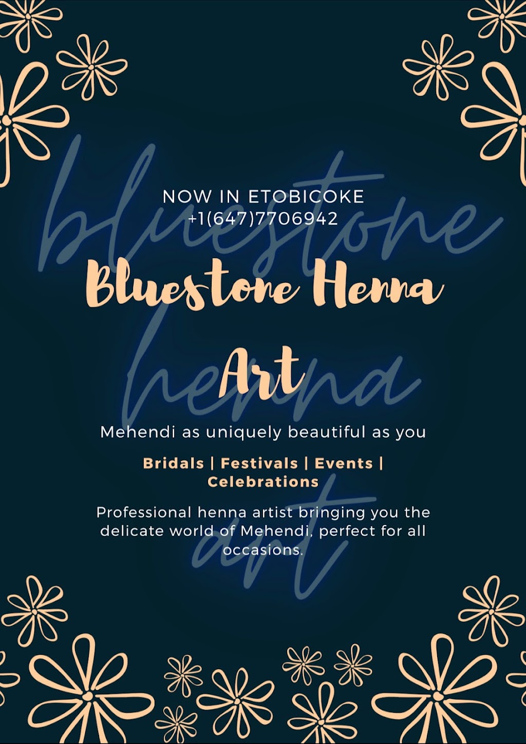 Bluestone henna art | 84 Don Minaker Dr, Brampton, ON L6P 1R7, Canada | Phone: (647) 770-6942