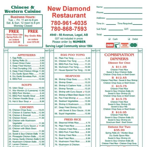 New Diamond Restaurant | 4940 4940 50 Ave, Legal, AB T0G 1L0, Canada | Phone: (780) 961-4035