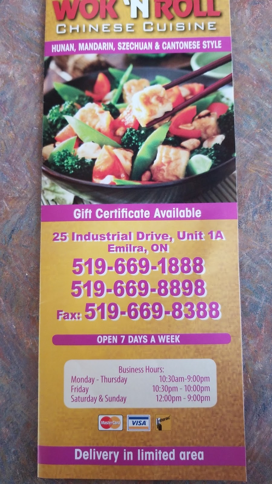 Wok N Roll | 25 Industrial Dr, Elmira, ON N3B 3K3, Canada | Phone: (519) 669-1888