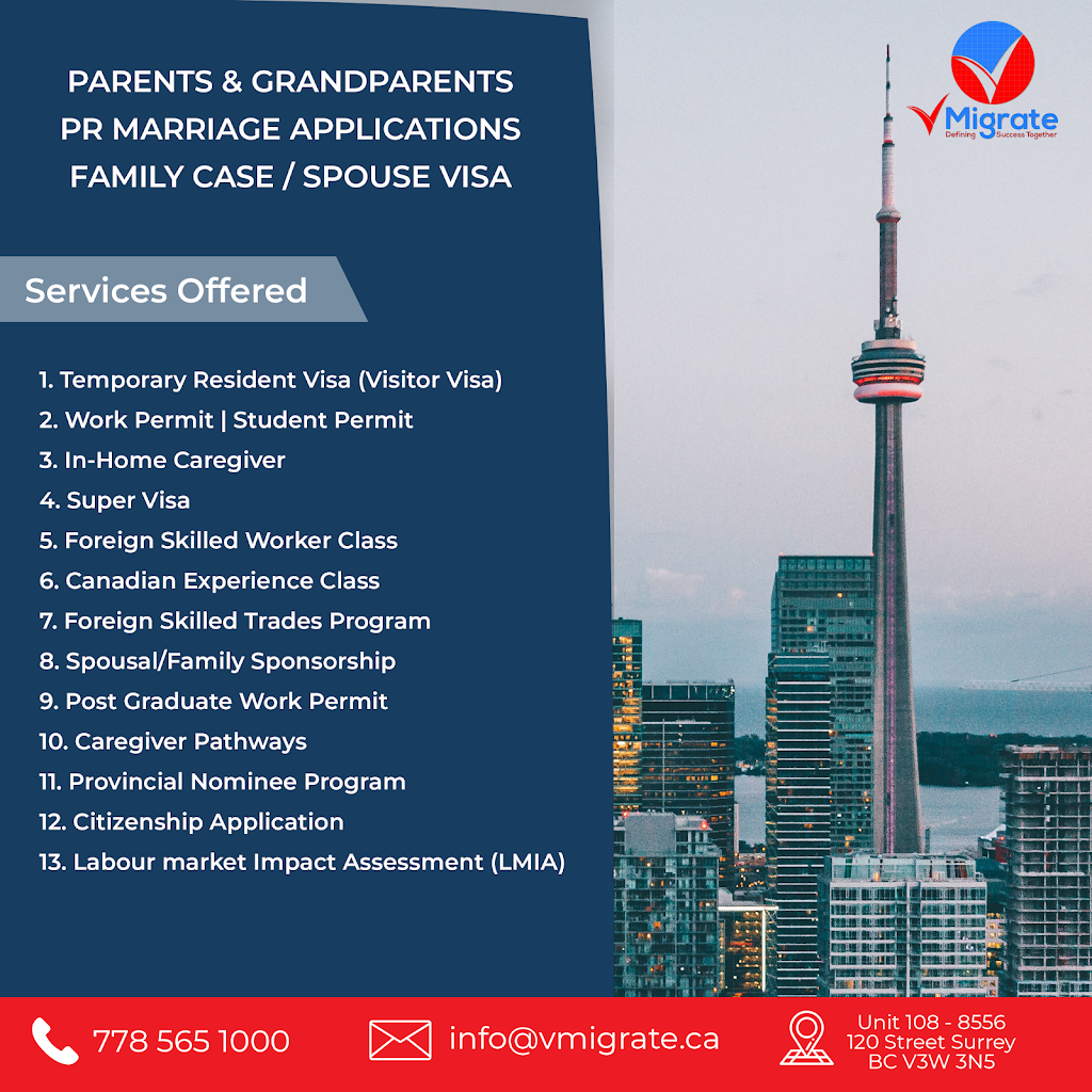 V Migrate Immigration | 8556 120 St #108, Surrey, BC V3W 3N5, Canada | Phone: (778) 565-1000