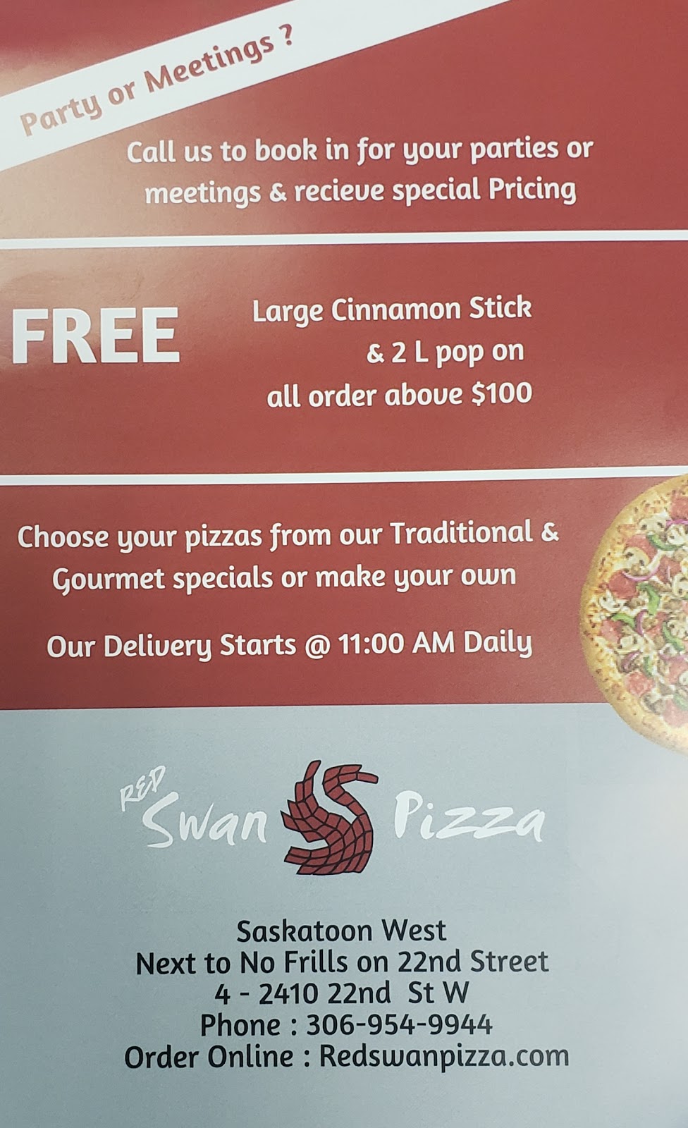 Red Swan Pizza | 2410 22 St W, Saskatoon, SK S7M 5S6, Canada | Phone: (306) 954-9944
