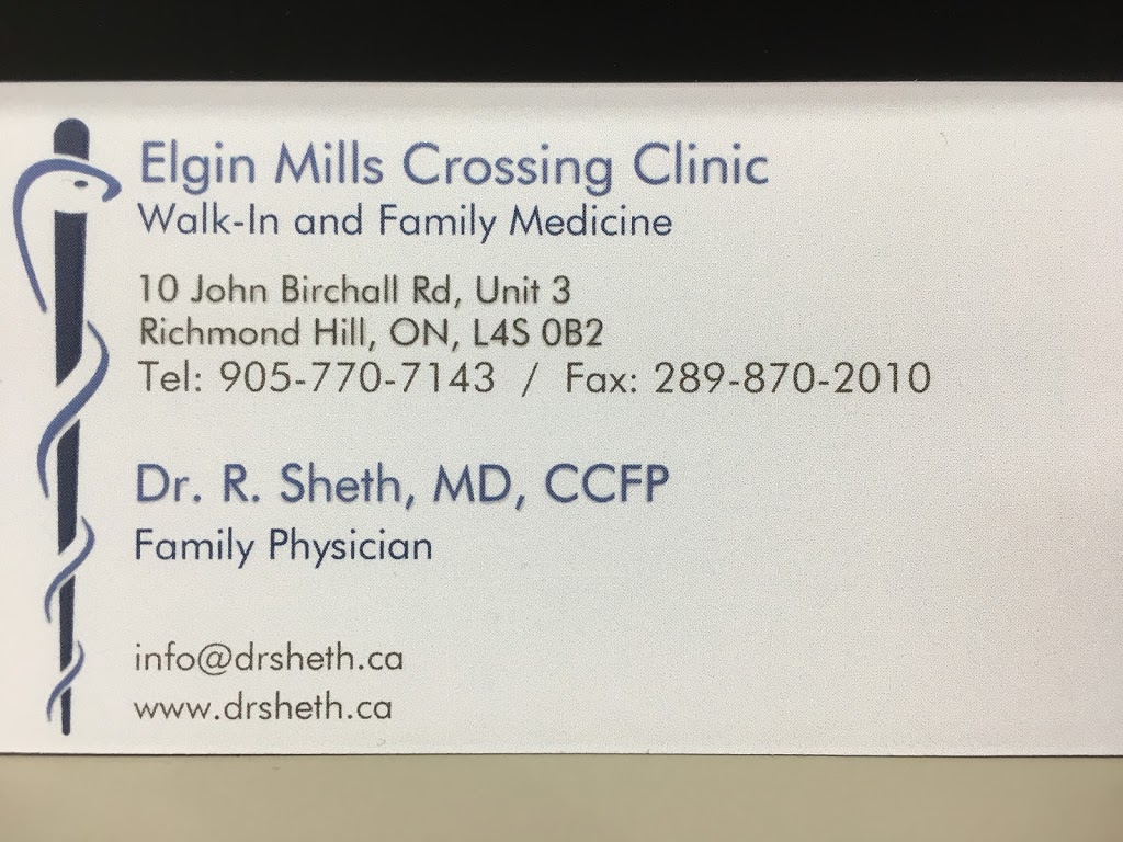 Elgin Mills Crossing Clinic | 10 John Birchall Rd Unit 3, Richmond Hill, ON L4S 0B2, Canada | Phone: (905) 770-7143