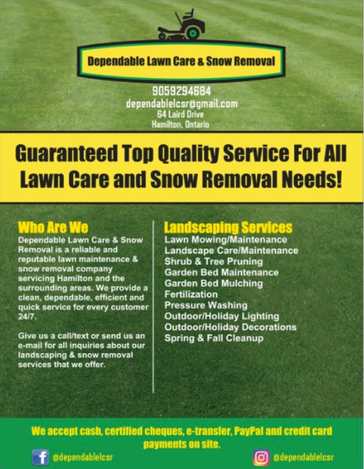 Dependable Lawn Care & Snow Removal | 64 Laird Dr, Hamilton, ON L8T 4L7, Canada | Phone: (905) 929-4684