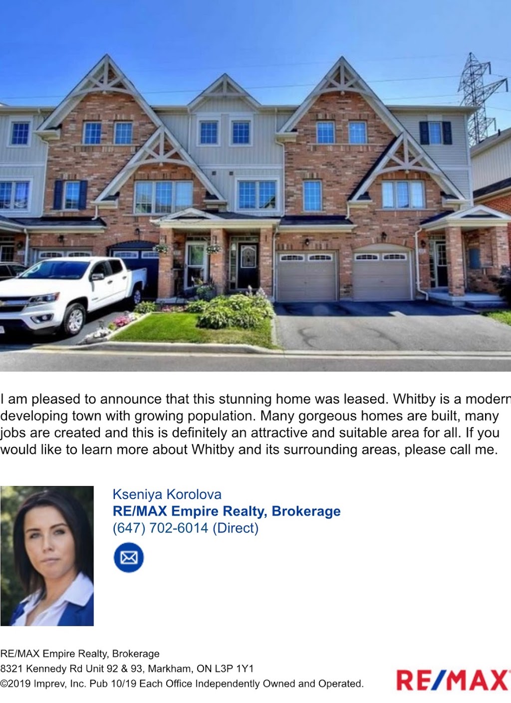 Kseniya Korolova RE/MAX Metropolis Realty Brokerage | 8321 Kennedy Rd Unit 92, Markham, ON L3R 5N4, Canada | Phone: (647) 702-6014