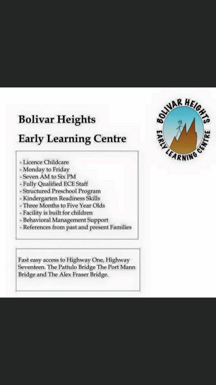 Bolivar Heights Early Learning Centre | 11286 Roxburgh Rd, Surrey, BC V3R 9J3, Canada | Phone: (604) 619-7507