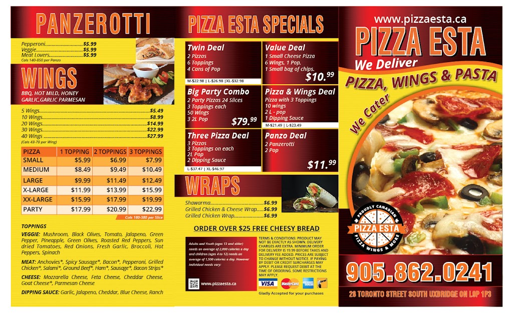 Pizza Esta Uxbridge | 28 Toronto St S, Uxbridge, ON L9P 1P3, Canada | Phone: (905) 862-0241