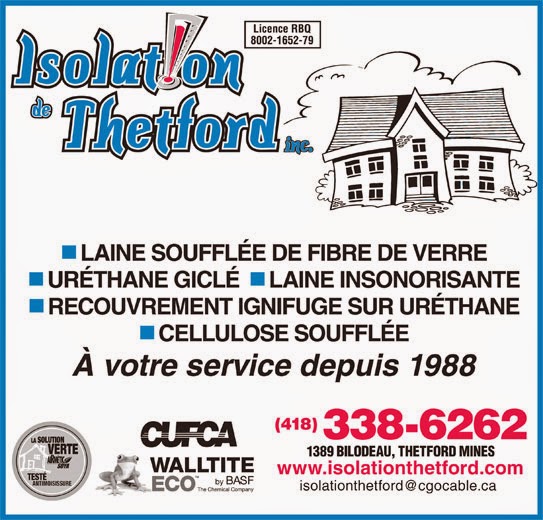 Isolation De Thetford Inc | 1389, rue Bilodeau, Thetford Mines, QC G6G 7R7, Canada | Phone: (418) 338-6262