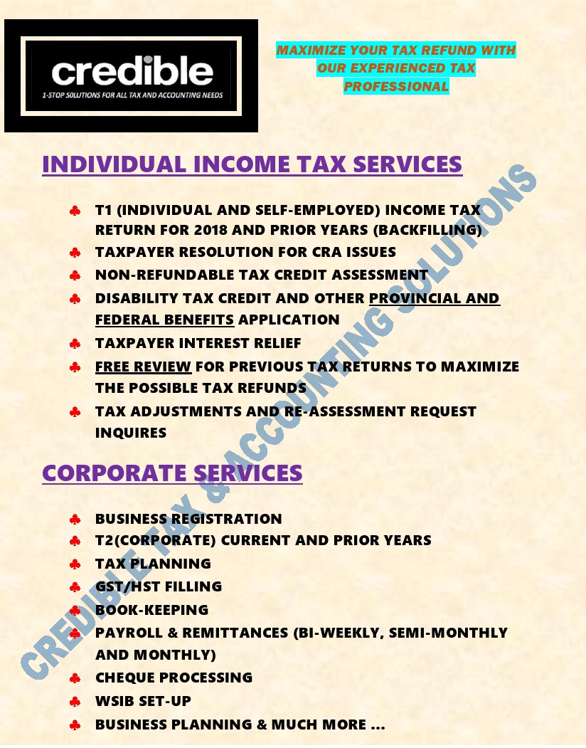 Credible Tax and Accounting Solutions | 1748 Victoria Park Ave. UNIT: A, Scarborough, ON M1R 1R4, Canada | Phone: (647) 547-1989