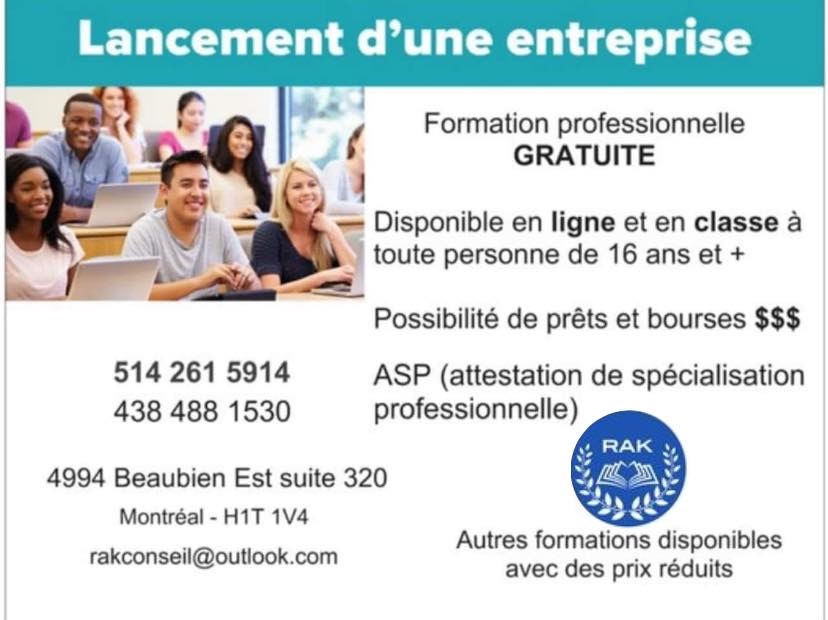 Rakconseil / Centre De Formation Rak | 4994 Rue Beaubien E suite 320, Montréal, QC H1T 1V4, Canada | Phone: (514) 261-5914