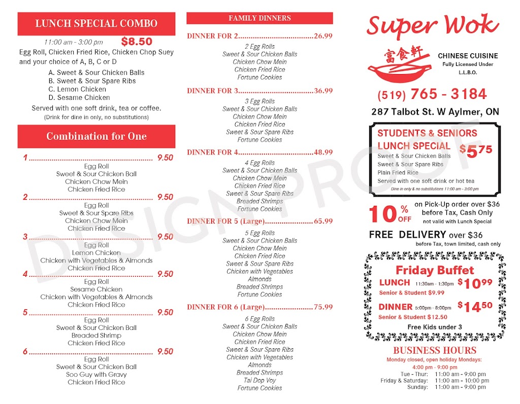 Super Wok Chinese Restaurant | 287 ON-3, Aylmer, ON N5H 1J9, Canada | Phone: (519) 765-3184