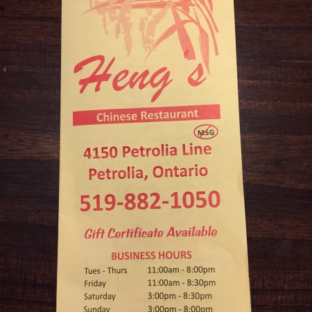 Heng’s Chinese Restaurant | 4148 Petrolia Line, Petrolia, ON N0N 1R0, Canada | Phone: (519) 882-1050