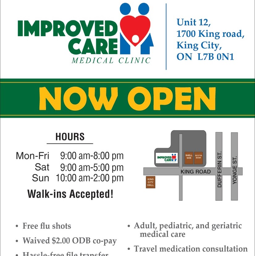 IMPROVED CARE Walk-in Medical Clinic and Pharmacy | 1700 King Rd #12, King City, ON L7B 0N1, Canada | Phone: (905) 833-8421